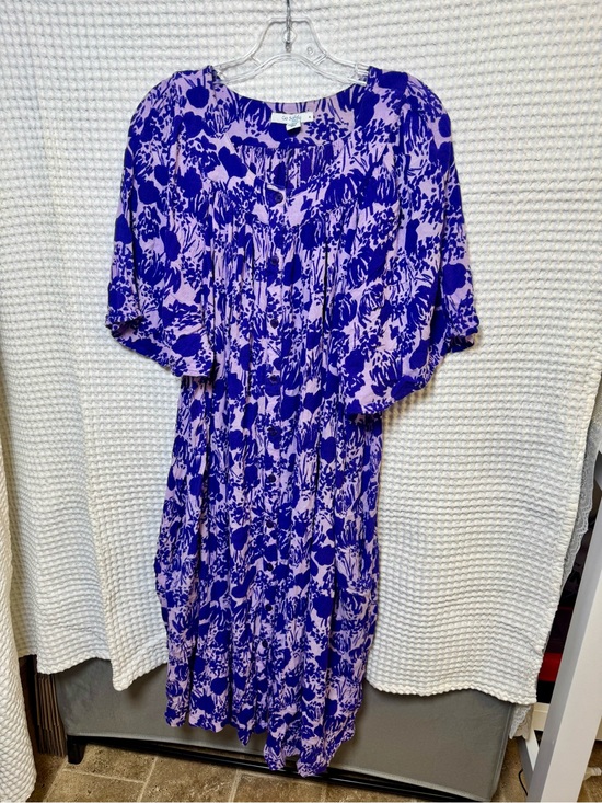 Go Softly Patio Dresses & Skirts - Go Softly Patio Dress XL Purple Blue Floral Crinkle Rayon Button Front Midi